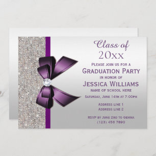 Invitation Classy Purple Gem Bow, Silver Sequins Graduation