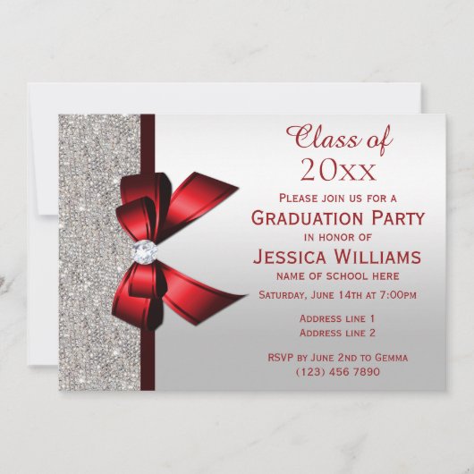 Invitation Classy Red Gem Bow, Silver Sequins Graduation (Devant)