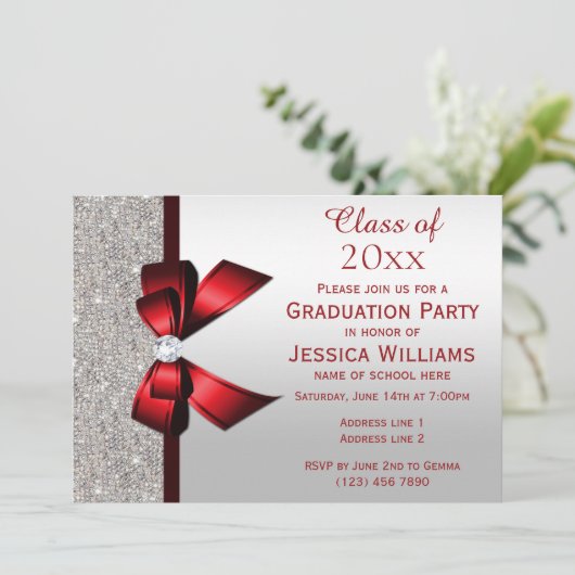 Invitation Classy Red Gem Bow, Silver Sequins Graduation (Debout devant)