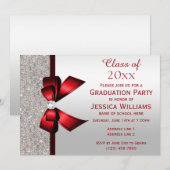 Invitation Classy Red Gem Bow, Silver Sequins Graduation (Devant / Derrière)