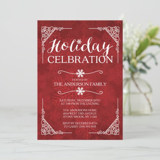 Invitation Classy Red Snowflake Fête de fête (Debout devant)