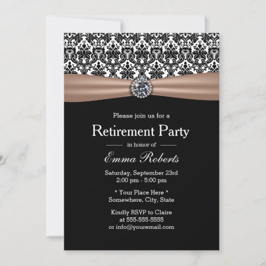 Invitation Classy Ribbon & Damask Diamond Retraite Party (Devant)