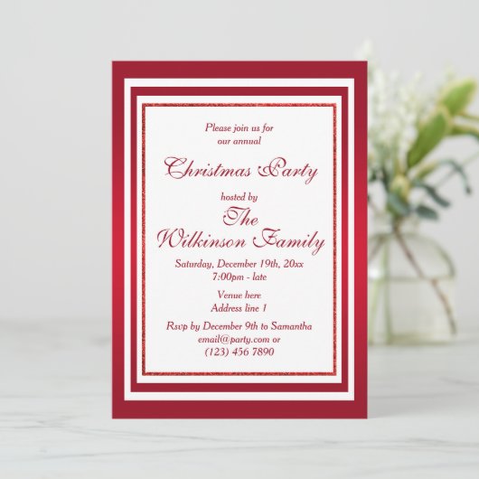 Invitation Classy Ruby Red & White Christmas Party (Debout devant)