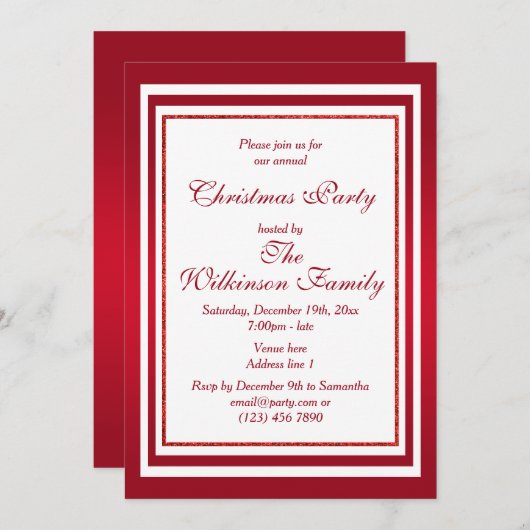Invitation Classy Ruby Red & White Christmas Party (Devant / Derrière)