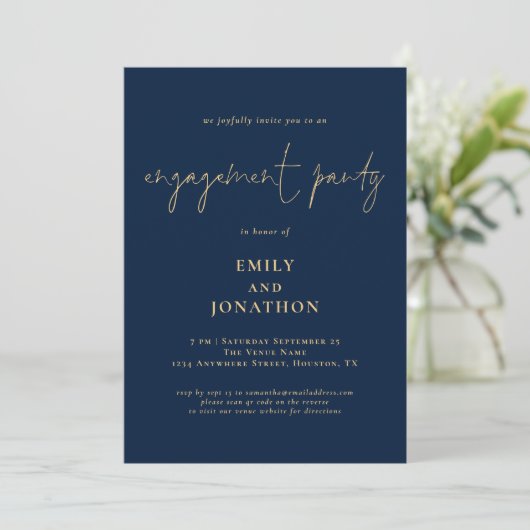 Invitation Classy Script Marine Gold Engagement Party (Debout devant)
