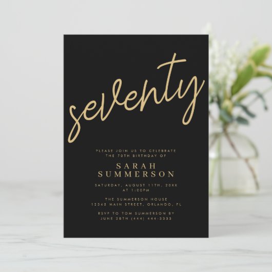 Invitation Classy Script Seventy Black Gold 70th Birthday (Debout devant)
