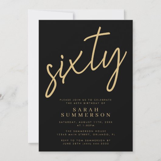 Invitation Classy Script Sixty Black Gold 60th Birthday Party (Devant)