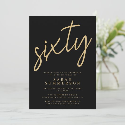 Invitation Classy Script Sixty Black Gold 60th Birthday Party (Debout devant)