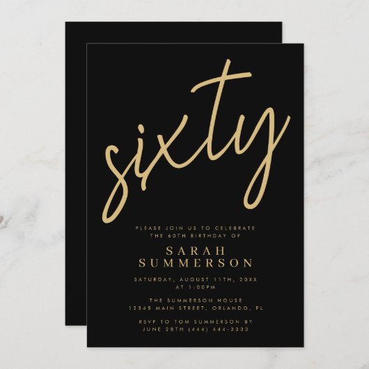 Invitation Classy Script Sixty Black Gold 60th Birthday Party (Devant / Derrière)
