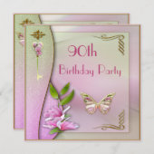 Invitation Clé glamour, Magnolia et Papillon 90e anniversaire (Devant / Derrière)