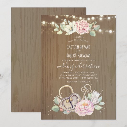 Invitation Clé Vintage rustique et Mariage de verrouillage (Devant / Derrière)