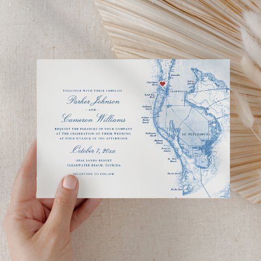 Invitation Clearwater Beach FL Map Élégant Mariage Bleu