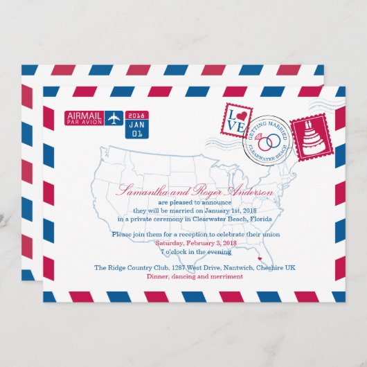 Invitation Clearwater Beach Floride Airmail Réception de mari (Devant / Derrière)
