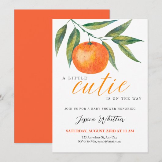 Invitation Clementine Watercolor "Cutie" Baby Shower (Devant / Derrière)
