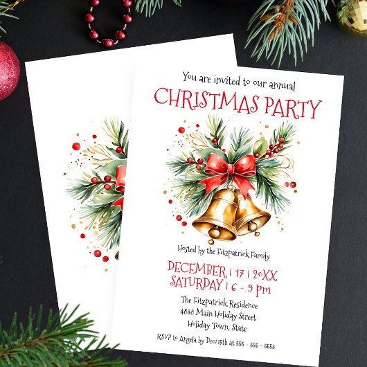 Invitation Cloche dorée avec nœud rouge et Noël au pin 