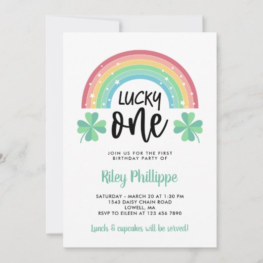 Invitation Clocher vert et arc-en-ciel Lucky One First Birthd (Devant)