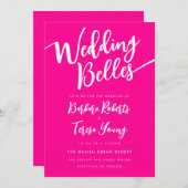 Invitation Cloches blanches rose féminin Script Mariage lesbi (Devant / Derrière)