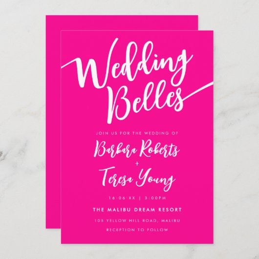 Invitation Cloches blanches rose féminin Script Mariage lesbi (Devant / Derrière)