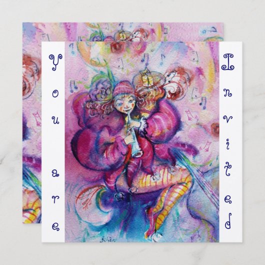 Invitation CLOCHURE MUSICALE, champagne bleu rose métallique (Devant / Derrière)