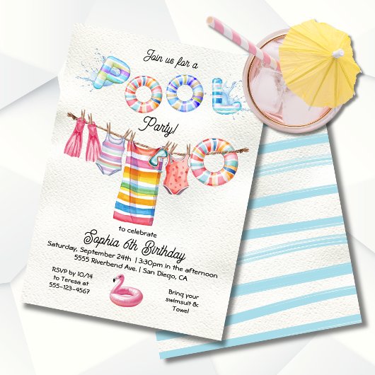 Invitation Clothesline Fête de Piscine Fille Anniversaire