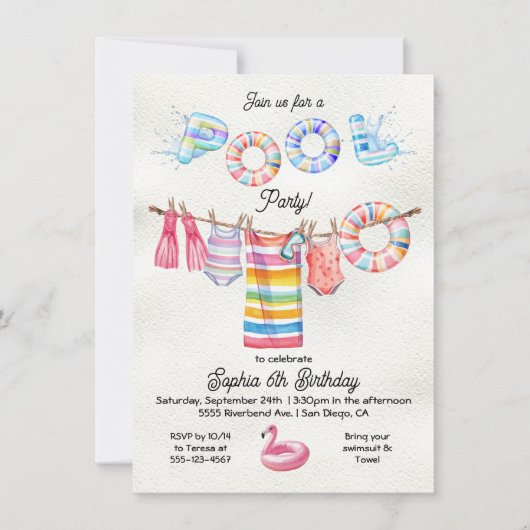 Invitation Clothesline Fête de Piscine Fille Anniversaire (Devant)