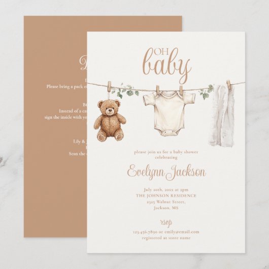 Invitation Clothesline Gender Neutral Baby Shower All In One (Devant / Derrière)