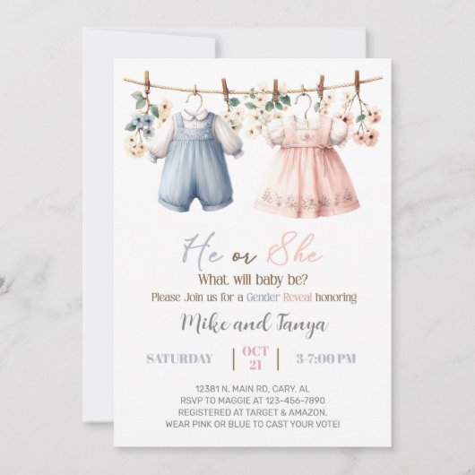 Invitation Clothesline gender reveal invitation, flowers. (Devant)