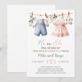 Invitation Clothesline gender reveal invitation, flowers. (Devant / Derrière)