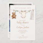 Invitation Clothesline Neutral Baby Shower Photo QR Code (Devant / Derrière)