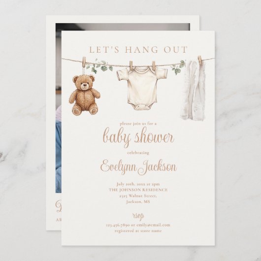 Invitation Clothesline Neutral Baby Shower Photo QR Code (Devant / Derrière)