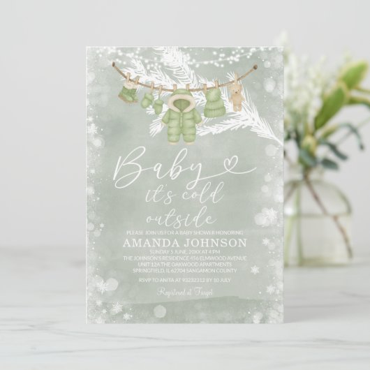 Invitation Clothesline Sage Vert Froid Dehors Baby shower (Debout devant)