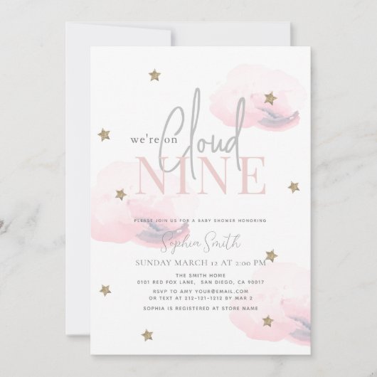 Invitation Cloud 9 Gold Stars Aquarelle Baby shower rose (Devant)