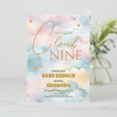 Invitation Cloud 9 Gold Stars Baby shower Aquarelle (Debout devant)
