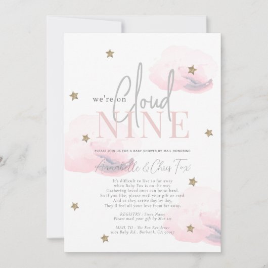Invitation Cloud 9 Gold Stars Baby shower rose par courrier (Devant)