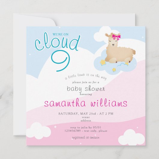 Invitation Cloud 9 Petit Lamb rose Baby shower de printemps f (Devant)