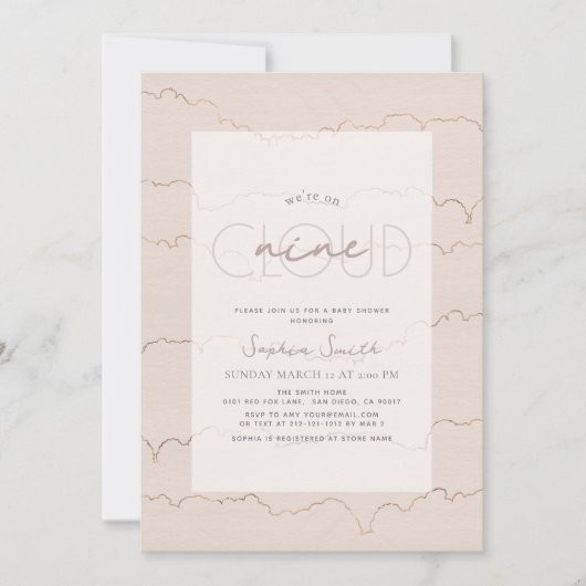 Invitation Cloud Lined 9 Ciel rose Aquarelle Baby shower fill (Devant)