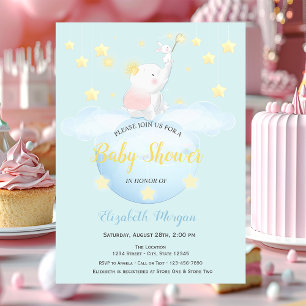 Invitation Cloud Moon, Stars Elephant Blue Dots Baby shower