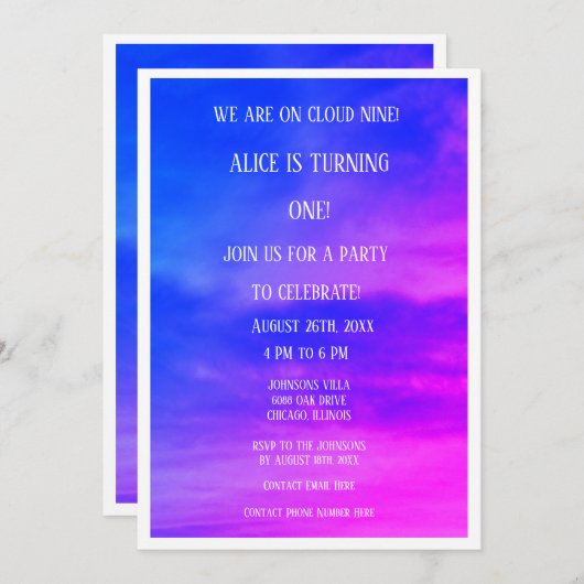 Invitation Cloud Neuf 1er Anniversaire QR Code Rose Bleu (Devant / Derrière)