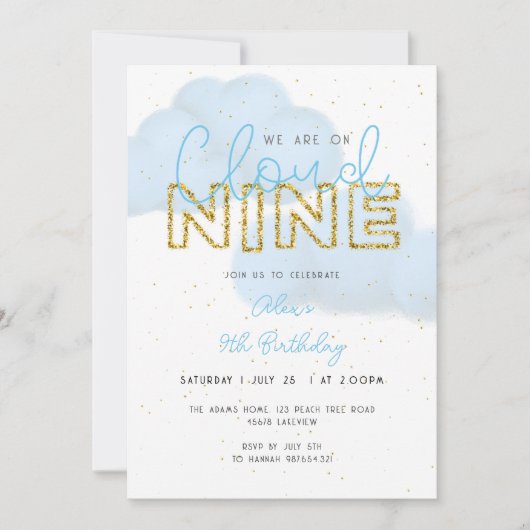 Invitation Cloud Nine Blue & Gold Boy 9e fête d'anniversaire (Devant)