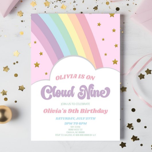 Invitation Cloud Nine Rainbow et Stars 9e fête d'anniversaire