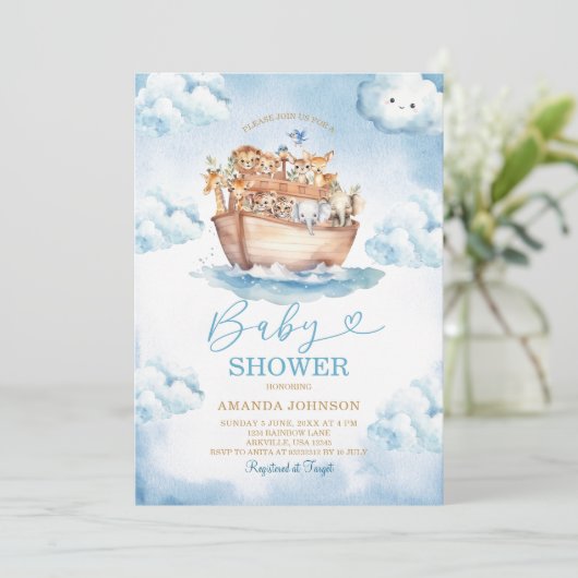 Invitation Cloud Noah's Ark Light Blue Baby Shower (Debout devant)