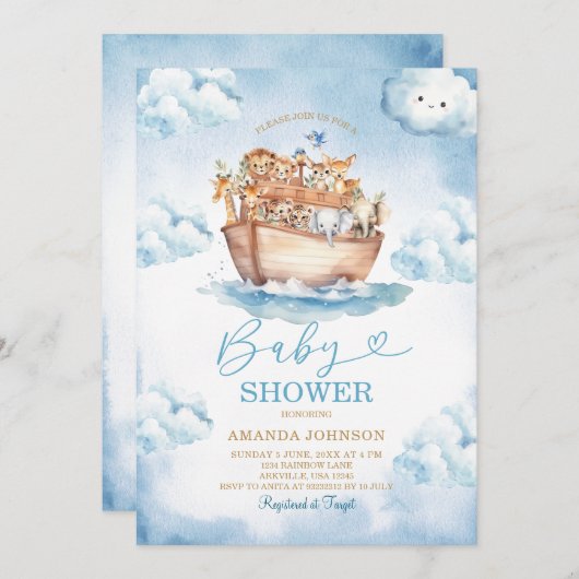 Invitation Cloud Noah's Ark Light Blue Baby Shower (Devant / Derrière)