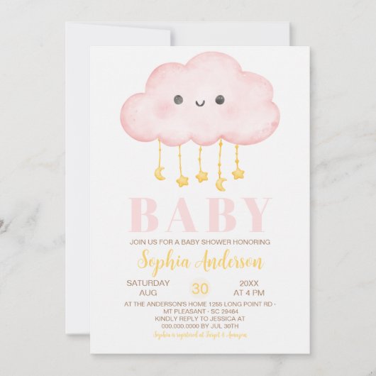 Invitation Cloud rose Baby shower fille (Devant)