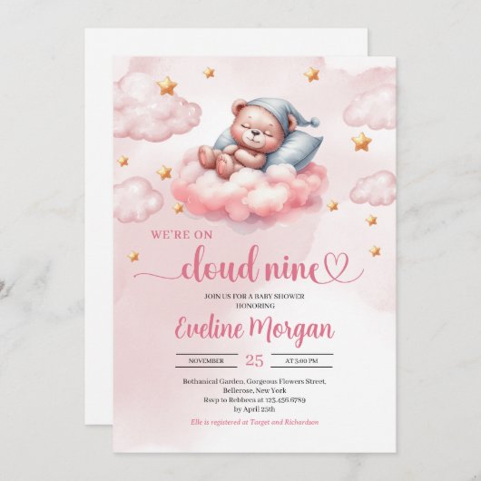 Invitation Cloud rose et or neuf filles baby shower (Devant / Derrière)