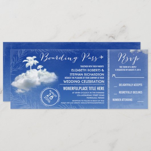 Invitation Clouds Beach Boarding Pass Mariage Billets Invitat (Devant / Derrière)