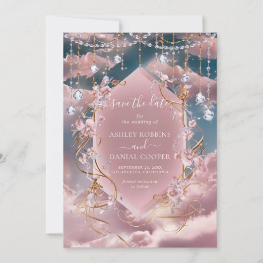 Invitation Clouds Bleu Rose Opulent Calligraphie Enregistrer  (Devant)