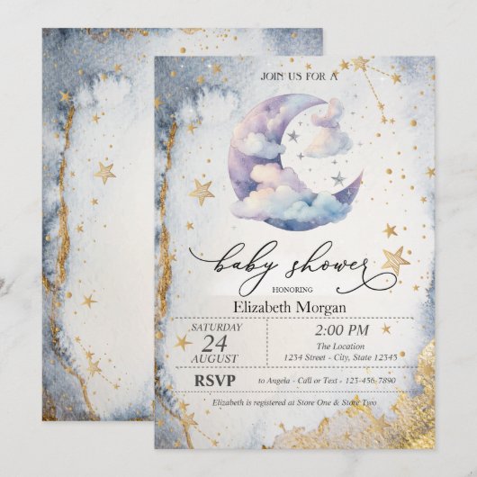 Invitation Clouds Moon,Stars Watercolor Baby Shower  (Devant / Derrière)