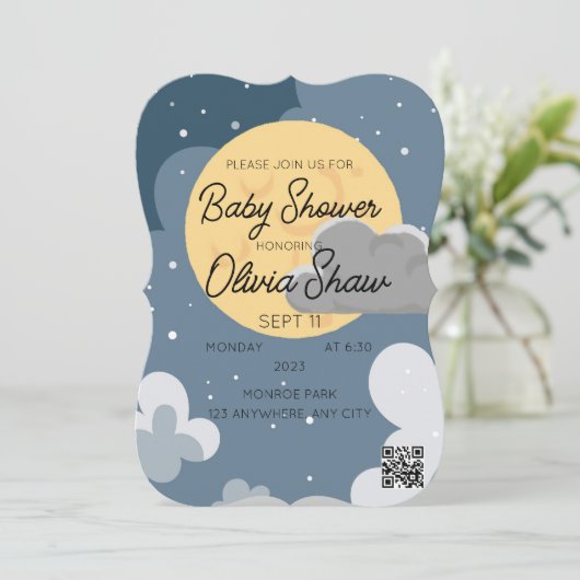 Invitation Cloudy Night Sky QR Code Baby shower Modèle (Debout devant)