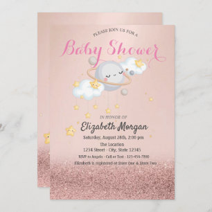 Invitation Clous Stars Planet Rose Gold Bokeh Baby shower