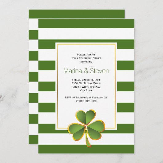 Invitation Clover & vert, rayures mariage dîner de répétition (Devant / Derrière)